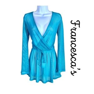 NWT! Francesca’s Blue Green V Neck Mesh Swimwear Beach Coverup Size M-L